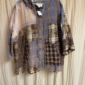 Oli & Hali Patchwork Button-Down Shirt Jacket in Blue, Brown, Cream